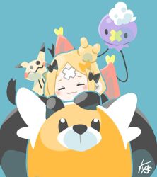 Rule 34 | 1girl, :3, abigail williams (fate), abigail williams (traveling outfit) (fate), bandaid, bandaid on face, bandaid on forehead, bewear, black bow, blonde hair, blue background, blush, bow, chibi, closed eyes, creatures (company), crossed bandaids, crossover, drifloon, fate/grand order, fate (series), game freak, gen 4 pokemon, gen 7 pokemon, hair bow, hair bun, kyojo128, long hair, mimikyu, multiple hair bows, nintendo, orange bow, parted bangs, pokemon, pokemon (creature), simple background, single hair bun