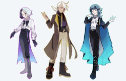 Rule 34 | 3boys, alternate costume, amethio (pokemon), ascot, black bow, black footwear, black gloves, black pants, boots, bow, brown coat, cape, closed mouth, coat, commentary request, creatures (company), friede (pokemon), game freak, gloves, green hair, hands up, highres, long hair, long sleeves, loose hair strand, male focus, multiple boys, nintendo, open clothes, open coat, open mouth, outline, pants, pants tucked in, pokemon, pokemon (anime), pokemon horizons, shirt, short hair, smile, spinel (pokemon), standing, white ascot, white background, white hair, white shirt, ykt (yorktin fake)