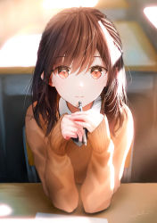 Rule 34 | 1girl, :d, black hair, brown eyes, elbows on table, highres, holding, holding pencil, long hair, looking at viewer, mechanical pencil, ojay tkym, open mouth, original, paper, pencil, resolution mismatch, sitting, smile, source larger, sunlight, sweater, table