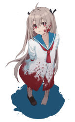 Rule 34 | 1girl, absurdres, atri, atri-my dear moments-, black ribbon, blood, blood on clothes, blood on face, blue sailor collar, brown footwear, closed mouth, dress, empty eyes, hair ribbon, highres, light brown hair, looking at viewer, red eyes, ribbon, sailor collar, sailor dress, shoes, single shoe, solo, two side up, white dress, xiu kukkii
