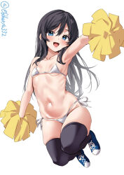 Rule 34 | 1girl, alternate costume, armpits, arms up, asashio (kancolle), bikini, black hair, blue footwear, blush, breasts, collarbone, commentary request, ebifurya, hair between eyes, highres, kantai collection, long hair, looking at viewer, midair, navel, one-hour drawing challenge, open mouth, pom pom (cheerleading), shoes, side-tie bikini bottom, simple background, small breasts, smile, sneakers, solo, swimsuit, thighhighs, twitter username, white background, white bikini
