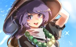 Rule 34 | 1girl, arm behind head, beads, blue sky, bright pupils, brown hair, brown hat, commentary request, day, hat, hemo (hemoroda), hijiri byakuren, long hair, multicolored hair, open mouth, prayer beads, puffy short sleeves, puffy sleeves, purple eyes, purple hair, shirt, short sleeves, sketch, sky, smile, solo, sparkle, touhou, white shirt, yellow pupils