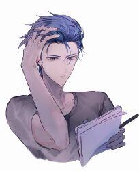 Rule 34 | 1boy, alternate costume, antinomy, bad id, bad lofter id, blue hair, cropped torso, expressionless, grey eyes, grey shirt, hair slicked back, hand in own hair, hand on own head, highres, holding, holding paper, holding pen, looking down, male focus, naoki (2rzmcaizerails6), paper, pen, shirt, short hair, simple background, solo, t-shirt, upper body, white background, yu-gi-oh!, yu-gi-oh! 5d&#039;s