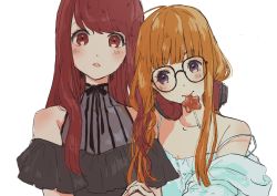 Rule 34 | 10s, 2girls, alternate hair length, alternate hairstyle, artist request, bare shoulders, black-framed eyewear, blush, breasts, camisole, candy, cleavage, female focus, food, glasses, highres, holding hands, long hair, looking at viewer, matching hair/eyes, multiple girls, orange hair, persona, persona 5, persona 5 the royal, purple eyes, red eyes, red hair, sakura futaba, spoilers, strap slip, yoshizawa kasumi