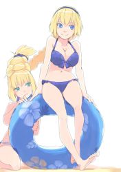 Rule 34 | 2girls, absurdly long hair, akinbo (hyouka fuyou), artoria pendragon (fate), artoria pendragon (swimsuit archer) (fate), artoria pendragon (swimsuit archer) (first ascension) (fate), barefoot, bikini, blonde hair, blue bikini, blue eyes, blue hairband, blue scrunchie, braid, braided ponytail, breasts, collarbone, fate/grand order, fate (series), floral print, frown, green eyes, hair ornament, hair scrunchie, hairband, head tilt, highres, innertube, jeanne d&#039;arc (fate), jeanne d&#039;arc (ruler) (fate), jeanne d&#039;arc (swimsuit archer) (fate), jeanne d&#039;arc (swimsuit archer) (first ascension) (fate), large breasts, long hair, multiple girls, navel, scrunchie, short hair, simple background, single braid, sitting, sketch, smile, swim ring, swimsuit, very long hair, white background