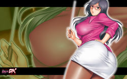 Rule 34 | 1girl, action pizazz, ass, black hair, breasts, glasses, hand on own hip, highres, hip focus, huge ass, huge breasts, impossible clothes, long hair, official art, official wallpaper, pantyhose, pencil skirt, saigado, sideboob, skirt, solo, teacher, wallpaper, zoom layer