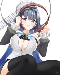 Rule 34 | 1girl, absurdres, black gloves, blue eyes, blue hair, bow, bow earrings, breasts, chain, clothing cutout, collar, detached sleeves, earrings, gloves, hair intakes, highres, hololive, hololive english, jewelry, large breasts, looking at viewer, namiorii, ouro kronii, skirt, smile, solo, thighhighs, virtual youtuber