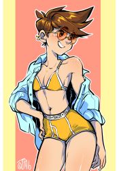 Rule 34 | 1girl, bra, breasts, brown eyes, brown hair, casual, character name, cowboy shot, ear piercing, female focus, freckles, glasses, grin, hand on own hip, highres, midriff, navel, off shoulder, open clothes, open shirt, overwatch, overwatch 1, piercing, shirt, small breasts, smile, solo, sparklenaut, spiked hair, standing, sunglasses, tracer (overwatch), underwear