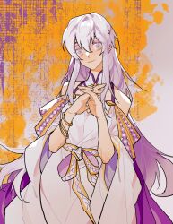 Rule 34 | 1girl, bare shoulders, bracelet, closed mouth, fire emblem, fire emblem: genealogy of the holy war, highres, jewelry, julia (fire emblem), lavender dress, looking at viewer, nintendo, own hands together, purple hair, solo, upper body, vieryplus