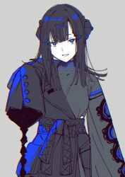 Rule 34 | 1girl, :d, arm at side, asawa (dm owr), belt, black coat, black dress, black hair, blue eyes, blunt bangs, chromatic aberration, coat, colored skin, commentary request, cowboy shot, dress, girls&#039; frontline, grey background, hair between eyes, hand up, headgear, limited palette, long hair, long sleeves, looking at viewer, low ponytail, mercurows (girls&#039; frontline), nyto (girls&#039; frontline), open mouth, paradeus, reaching, reaching towards viewer, simple background, sketch, sleeves past fingers, sleeves past wrists, smile, solo, white skin