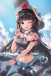 Rule 34 | 1girl, ;d, absurdres, bare shoulders, black hair, black shirt, black skirt, bra strap, bracelet, breasts, bubble, crop top, day, genshin impact, hat, highres, jewelry, long hair, looking at viewer, medium breasts, midriff, nail polish, navel, one eye closed, open mouth, outdoors, red eyes, red nails, scup, shirt, skirt, sleeveless, sleeveless shirt, smile, solo, stomach, straw hat, sunlight, v, yun jin (genshin impact)