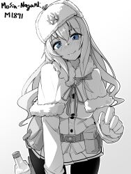 Rule 34 | 1girl, absurdres, belt, blue eyes, blush, bottle, character name, cowboy shot, fur hat, girls&#039; frontline, greyscale, hat, highres, long hair, looking at viewer, minami shin (zenshuu bougyo), monochrome, mosin-nagant (girls&#039; frontline), pantyhose, pleated skirt, pouch, simple background, skirt, smile, solo, spot color, star (symbol), straight-on, ushanka