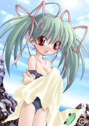 Rule 34 | 1girl, ahoge, beach, blush, breasts, cleavage, clothes pull, day, frog, green hair, hair ribbon, hyper brand, ishihara masumi, long hair, medium breasts, memeko, one-piece swimsuit, one-piece swimsuit pull, one-piece tan, open mouth, outdoors, red eyes, ribbon, school swimsuit, sky, solo, sweat, swimsuit, tan, tanline, thigh gap, thighs, towel, twintails, undressing, water, wet
