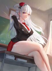 Rule 34 | 1girl, absurdres, bare legs, black jacket, blunt bangs, book, chalkboard, classroom, commission, curtains, desk, flower, gg amang, hair flower, hair ornament, hair rings, hand in own hair, highres, indoors, jacket, long hair, looking at viewer, necktie, on desk, open mouth, original, purple eyes, red flower, red necktie, red rose, red skirt, rose, school desk, school uniform, second-party source, shirt, sitting, skirt, solo, thighs, white hair, white shirt
