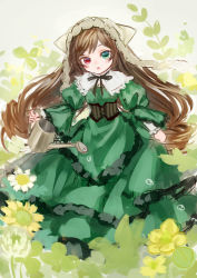 Rule 34 | 00s, 1girl, absurdres, ama-tou, brown hair, capelet, corset, dress, flower, green dress, hairband, heterochromia, highres, long hair, open mouth, rozen maiden, solo, suiseiseki, watering, watering can