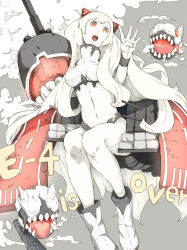 Rule 34 | 10s, 1girl, abyssal ship, airfield princess, ankle boots, bad id, bad pixiv id, boots, breasts, colored skin, horns, kantai collection, long hair, looking at viewer, medium breasts, midriff, navel, ninimo nimo, open mouth, orange eyes, sharp teeth, simple background, solo, teeth, tongue, tongue out, white footwear, white hair, white skin