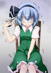Rule 34 | 1girl, absurdres, between legs, black ribbon, blindfold, blue hair, blush, breasts, chair, clenched teeth, crying, dress, drooling, female focus, frilled skirt, frills, green dress, green skirt, grey background, gun, gun to head, hair ribbon, hand between legs, hand up, handgun, have to pee, highres, holding, holding gun, holding weapon, japanese text, knees together feet apart, konpaku youmu, revolver, ribbon, russian roulette, saliva, scared, shirt, short hair, short sleeves, simple background, sitting, skirt, small breasts, solo, tears, teeth, touhou, translation request, trembling, tsuukinkaisoku oomiya, weapon, white shirt