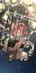 Rule 34 | 1girl, absurdres, ankle wings, armillary sphere, bare legs, bare shoulders, birdcage, blue flower, blue rose, breasts, cage, commentary request, flower, highres, keyhole, light bulb, lock, looking at viewer, medium breasts, ohisashiburi, original, pointy ears, red flower, red hair, red rose, rose, shirt, sitting, solo, white flower, white rose, white shirt, wings