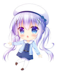 Rule 34 | 1girl, beret, blue dress, blue eyes, blue jacket, blush, brown footwear, chestnut mouth, chibi, commentary request, dress, full body, gochuumon wa usagi desu ka?, hair between eyes, hair ornament, hat, jacket, kafuu chino, loafers, long hair, long sleeves, open clothes, open jacket, open mouth, pantyhose, purple hair, sailor collar, sailor dress, shoes, simple background, solo, twintails, very long hair, white background, white hat, white pantyhose, white sailor collar, x hair ornament, yukatama