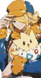 Rule 34 | 1boy, baseball cap, blonde hair, blue hat, blue jumpsuit, closed mouth, commentary request, creatures (company), fur-trimmed jumpsuit, fur trim, game freak, gen 2 pokemon, ginkgo guild uniform, grey eyes, hair bun, hair over one eye, hand on headwear, hat, highres, holding, holding pokemon, jumpsuit, kawasaki (kwsk 8765), long sleeves, looking at viewer, male focus, medium hair, nintendo, pokemon, pokemon (creature), pokemon legends: arceus, simple background, smile, solo, togepi, twitter username, two-tone headwear, upper body, volo (pokemon), white background, yellow hat