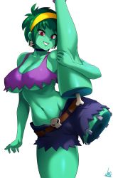 Rule 34 | 1girl, blue shorts, breasts, colored skin, cowboy shot, crop top, earrings, green hair, green skin, hairband, highres, jewelry, jmg, kneepits, large breasts, meme, midriff, navel, red eyes, rottytops, shantae (series), short hair, shorts, simple background, skull belt, skull earrings, sleeveless, solo, split, standing, standing on one leg, undead, white background, yellow hairband, you&#039;re doing it wrong, zombie
