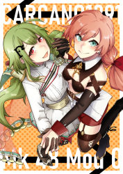 Rule 34 | 2girls, alternate costume, aqua eyes, black footwear, black gloves, blush, boots, breasts, brown gloves, brown legwear, carcano m1891 (girls&#039; frontline), character name, closed mouth, from above, garter straps, girls&#039; frontline, gloves, green hair, hair ornament, hair ribbon, hairclip, highres, holding hands, long hair, looking at viewer, medium breasts, military, military uniform, mk48 (girls&#039; frontline), multiple girls, nakiusagi, open mouth, pink hair, red eyes, red shorts, ribbon, shorts, simple background, single glove, smile, standing, standing on one leg, thighhighs, uniform, white uniform