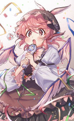 Rule 34 | 1girl, absurdres, blush, brown eyes, confetti, eighth note, feathered wings, hat, highres, long sleeves, masanaga (tsukasa), microphone, music, musical note, mystia lorelei, pink hair, puffy long sleeves, puffy sleeves, ribbon, singing, solo, touhou, upper body, wings