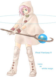 Rule 34 | 1girl, bad id, blue eyes, boots, character name, coat, commentary request, copyright name, cuffs, final fantasy, final fantasy v, full body, gloves, holding, holding staff, hood, hood up, knee boots, lenna charlotte tycoon, looking at viewer, mage staff, open mouth, pink hair, rendezvous, short hair, solo, staff, standing, white background, white coat, white footwear, white gloves, wide sleeves