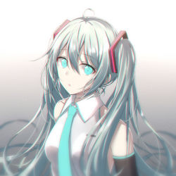 Rule 34 | 1girl, :o, ahoge, akira (been0328), bad id, bad pixiv id, bare shoulders, black sleeves, blue eyes, blue necktie, breasts, collared shirt, commentary request, detached sleeves, gradient background, green hair, grey background, hair ornament, hatsune miku, long hair, long sleeves, looking at viewer, necktie, parted lips, shirt, sidelocks, sleeveless, sleeveless shirt, small breasts, solo, twintails, very long hair, vocaloid, white background, white shirt