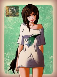 Rule 34 | 1990s (style), 1girl, bottomless, breasts, brown eyes, brown hair, curvy, ed moffat, final fantasy, final fantasy vii, lips, long hair, off shoulder, oversized clothes, shirt, smile, solo, t-shirt, tifa lockhart, very long hair, watermark, web address