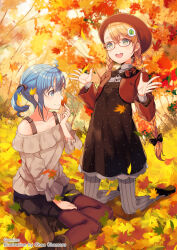 Rule 34 | 2girls, amiami (company), amico, autumn, autumn leaves, beret, black bow, blue eyes, blue hair, blush, bow, braid, brown pantyhose, day, dress, glasses, grey pantyhose, hair bow, hair ornament, hat, highres, holding, holding leaf, jacket, kneeling, leaf, lilco, long hair, long sleeves, multiple girls, official art, open mouth, orange hair, outdoors, pantyhose, red-framed eyewear, red jacket, sitting, smile, striped clothes, striped pantyhose, teeth, twin braids, twintails, upper teeth only, very long hair, yumekui