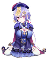Rule 34 | 1girl, absurdres, adapted costume, aged up, alternate costume, bad id, bad pixiv id, bead necklace, beads, biya (1024), braid, breasts, cape, chinese clothes, cleavage, coin hair ornament, commentary request, earrings, genshin impact, hair between eyes, hair ornament, hat, head tilt, highres, jewelry, jiangshi, large breasts, long hair, long sleeves, looking at viewer, low ponytail, necklace, ofuda, parted lips, purple eyes, purple hair, qingdai guanmao, qiqi (genshin impact), sidelocks, simple background, single braid, sitting, solo, thighhighs, wariza, white background, white thighhighs, yin yang, zettai ryouiki
