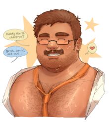 Rule 34 | 1boy, ^ ^, bara, bare pectorals, beard stubble, brown hair, chest hair, closed eyes, commentary, english commentary, facial hair, fat, fat man, harvey (stardew valley), heart, highres, male focus, momo (imaboii666), necktie, orange necktie, pectorals, shirt, sideburns stubble, smile, speech bubble, star (sky), stardew valley, stubble, sweat, thick eyebrows, ugly man, upper body, very sweaty, white background, white shirt