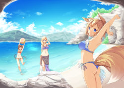 Rule 34 | 3girls, alternate costume, alternate hairstyle, animal ears, arm behind back, ass, ball, beach, beachball, bikini, blonde hair, blue bikini, blue eyes, blue sky, bow, breasts, brown hair, bush, cat ears, cat tail, cave, chen, cleavage, cliff, cloud, commentary request, day, fox ears, fox tail, frilled bikini, frills, ging1993, hair bow, hair over shoulder, hand in own hair, large breasts, medium breasts, mountain, multiple girls, multiple tails, navel, ocean, outdoors, purple bikini, red bikini, sand, sarong, short hair, sky, small breasts, smile, stomach, stretching, string bikini, swimsuit, tail, thong, thong bikini, touhou, two tails, wading, yakumo ran, yakumo yukari