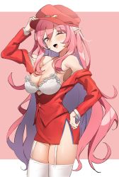Rule 34 | 1girl, ;d, bare shoulders, blush, bra, breasts, cabbie hat, cleavage, collarbone, commentary, commission, elf, english commentary, fang, garter straps, hand on headwear, hand on own hip, hat, highres, jacket, k pring, large breasts, long hair, long sleeves, looking at viewer, miniskirt, off shoulder, one eye closed, open clothes, open jacket, open mouth, original, pink background, pink hair, pointy ears, red eyes, red hat, red jacket, side slit, skin fang, skirt, smile, solo, thighhighs, two-tone background, underwear, very long hair, white bra, white thighhighs