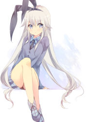 Rule 34 | 10s, 1girl, alternate costume, bare legs, black bow, black necktie, blue eyes, blue shirt, blush, bow, cardigan, closed mouth, ech, grey hair, hair between eyes, hair bow, hairband, kantai collection, legs together, long hair, looking at viewer, necktie, plaid, plaid shirt, plaid skirt, pleated skirt, school uniform, shimakaze (kancolle), shirt, sitting, skirt, solo, very long hair