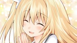 Rule 34 | 1girl, blonde hair, blush, commentary request, date a live, closed eyes, facing viewer, iwashi dorobou -r-, long hair, mayuri (date a live), open mouth, shirt, side ponytail, smile, solo, upper body, white shirt