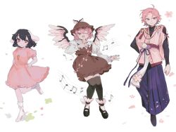 Rule 34 | 1boy, 2girls, animal ears, beamed eighth notes, bird ears, bird wings, black footwear, black hair, black thighhighs, brown dress, brown headwear, carrot necklace, closed mouth, collared shirt, crossover, dress, eighth note, ensemble stars!, fingernails, hair between eyes, hat, highres, inaba tewi, jewelry, long fingernails, long sleeves, multiple girls, musical note, mystia lorelei, nail polish, necklace, one eye closed, open mouth, oukawa kohaku, pink dress, pink eyes, pink hair, pink wings, plumapple3, quarter note, rabbit ears, red eyes, red nails, sharp fingernails, shirt, shoes, short hair, short sleeves, simple background, smile, socks, thighhighs, touhou, white background, white shirt, white socks, winged footwear, winged hat, wings, yellow eyes