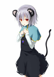 Rule 34 | 1girl, animal ear fluff, animal ears, black dress, blue capelet, blush, brown eyes, capelet, commentary request, cookie (touhou), crystal, dress, feet out of frame, grey hair, hair between eyes, highres, jewelry, long sleeves, looking at viewer, mouse ears, mouse girl, mouse tail, nazrin, nyon (cookie), open mouth, pendant, shirt, short hair, simple background, sleeveless, sleeveless dress, solo, szk, tail, touhou, white background, white shirt