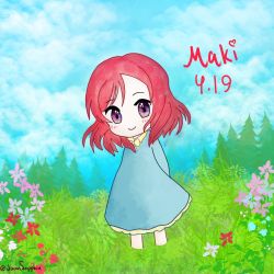 Rule 34 | 1girl, aqua dress, aqua skirt, arms behind back, artist name, artist request, blue sky, blurry, blush, bow, chibi, cloud, day, depth of field, dress, female focus, grass, hair between eyes, looking at viewer, love live!, love live! school idol project, nishikino maki, outdoors, parted lips, purple eyes, red hair, short hair, skirt, sky, smile, solo, yellow bow