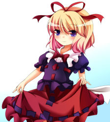 Rule 34 | 1girl, bad id, bad pixiv id, blonde hair, blouse, blue eyes, bow, female focus, gradient background, hair ribbon, looking at viewer, medicine melancholy, puffy short sleeves, puffy sleeves, ribbon, scarlet 0915, shirt, short hair, short sleeves, simple background, skirt, skirt hold, smile, solo, touhou