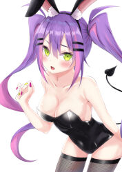 Rule 34 | 1girl, animal ears, black leotard, black thighhighs, blush, breasts, cleavage, collarbone, commentary request, demon tail, fake animal ears, fang, fishnet thighhighs, fishnets, green eyes, green nails, hair between eyes, hair ornament, hairclip, highres, hololive, leotard, long hair, looking at viewer, medium breasts, open mouth, playboy bunny, purple hair, purple nails, rabbit ears, sidelocks, simple background, solo, suzuka (suzukawu), tail, thighhighs, tokoyami towa, twintails, virtual youtuber, white background