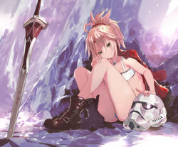 Rule 34 | 1girl, ahoge, bandeau, blonde hair, boots, clarent (fate), fate/apocrypha, fate/grand order, fate (series), green eyes, helmet, jacket, jacket on shoulders, jewelry, mordred (fate), mordred (fate/apocrypha), mordred (memories at trifas) (fate), necklace, ponytail, scrunchie, short shorts, shorts, sitting, solo, star wars, stormtrooper, strapless, sword, tokopi, tube top, weapon