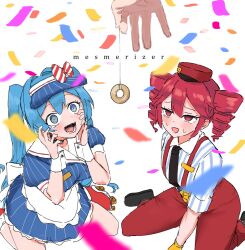 Rule 34 | 1other, 2girls, @ @, black necktie, blue dress, coin, confetti, dress, drill hair, feet out of frame, hands up, hatsune miku, high re, holding, holding coin, holed coin, hypnosis, kasane teto, mesmerizer (vocaloid), mind control, multiple girls, necktie, open mouth, pants, pink eyes, pink hair, pinstripe dress, pinstripe pattern, puffy short sleeves, puffy sleeves, roller skates, shirt, short sleeves, sitting, skates, smile, striped clothes, striped shirt, twin drills, utau, visor cap, vocaloid, waitress, wariza
