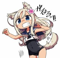 Rule 34 | 10s, 1girl, animal ears, blonde hair, blue eyes, covered navel, crop top, dog ears, dog tail, drooling, flower, hair flower, hair ornament, hibiscus, japanese flag, kanikama, kantai collection, long hair, one-piece swimsuit, one-piece tan, ro-500 (kancolle), sailor collar, school swimsuit, solo, swimsuit, swimsuit under clothes, tail, tan, tanline, teeth