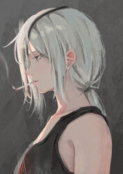1girl absurdres arms_at_sides bare_shoulders black_tank_top chainsaw_man cigarette closed_mouth collarbone commentary_request from_side grey_background grey_eyes highres komura_hiroto looking_ahead low_ponytail medium_hair ponytail portrait profile quanxi_(chainsaw_man) simple_background solo tank_top white_hair