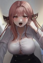 Rule 34 | 1girl, @ @, aru (blue archive), black skirt, blue archive, blurry, blurry background, blush, breasts, buttons, cleavage, collarbone, collared shirt, commentary request, gusim, highres, horns, large breasts, long hair, long sleeves, looking at viewer, no bra, open mouth, red hair, shirt, skirt, solo, sweat, white shirt, yellow eyes