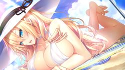 Rule 34 | 1girl, aqua eyes, barefoot, beach, blonde hair, blue eyes, blush, breast press, breasts, cleavage, cloud, day, feet, game cg, hat, highres, iris december uncry, large breasts, legs, legs up, long hair, looking at viewer, lying, nora to oujo to noraneko heart 2, on stomach, one-piece swimsuit, oozora itsuki, open mouth, original, outdoors, sand, sky, solo, sunlight, swimsuit, thighs, toes, towel, white one-piece swimsuit