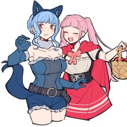 Rule 34 | 2girls, alternate costume, animal ears, apple, basket, belt, black eyes, blue hair, blush, bow, breasts, cape, claws, cleavage, closed eyes, cosplay, costume, do m kaeru, dress, elbow gloves, fake animal ears, fake claws, fake tail, fang, female focus, fire emblem, fire emblem: three houses, food, fruit, gloves, halloween, halloween costume, hilda valentine goneril, large breasts, little red riding hood, little red riding hood (grimm), little red riding hood (grimm) (cosplay), marianne von edmund, micro shorts, multiple girls, nintendo, pink bow, pink hair, red apple, shorts, tail, twintails, wolf ears, wolf girl, wolf tail