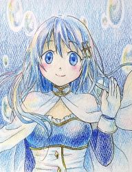 Rule 34 | alternate hair length, alternate hairstyle, blue background, cape, detached sleeves, fortissimo, gloves, hair ornament, highres, long hair, looking at viewer, magical girl, mahou shoujo madoka magica, mahou shoujo madoka magica (anime), mahou shoujo madoka magica movie 1 &amp; 2, miki sayaka, musical note, musical note hair ornament, smile, solo, tagme, upper body, water drop, waving, white cape, white gloves